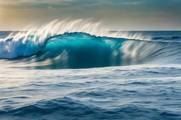 Powerful ocean wave cresting in blue splendor and summer sky