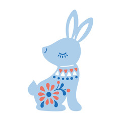 Vector illustration of patterned animal in Nordic style hygge. Silhouette of hare in folk style isolated on white background