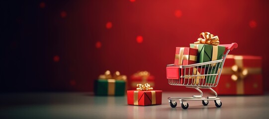 Generative AI, shopping cart with many gift boxes on red and green background with glittered bokeh, Christmas concept, discount and sale.	
 - obrazy, fototapety, plakaty