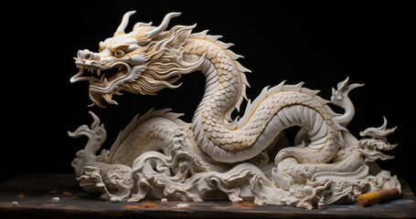 Obraz premium There is a figurine of a Chinese dragon carved from wood on the table. Symbol of the coming new year
