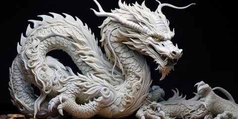 A figurine of a Chinese dragon carved from light wood on a black background. Symbol of the coming new year