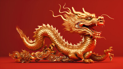 Figure of a Golden Chinese dragon on a red background. Symbol of the coming new year