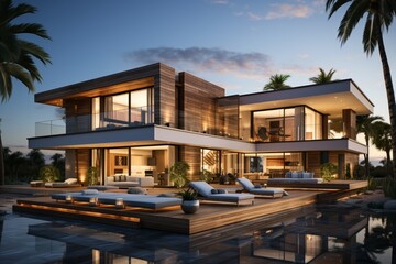 Luxury residential architecture featuring the exterior of an amazing modern minimalist cubic house, villa with wood cladding wall, and a terrace among palm trees
