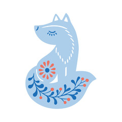 Vector illustration of patterned animal in Nordic style hygge. Silhouette of fox in folk style isolated on white background