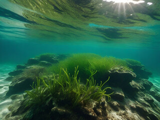 Fototapeta na wymiar Underwater view of a group of seabed with green seagrass. 