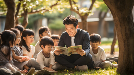Asian male teacher teaching children under a tree