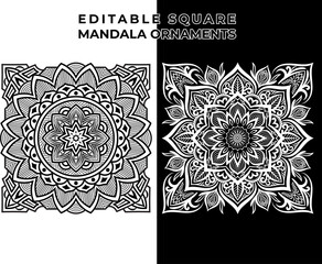 Collection of square mandala ornamental decoration pattern vector. Set of isolated cut out african floral henna pattern in black and white outline for coloring book.