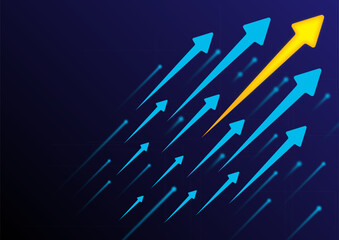 fast blue arrows and orange arrow on dark blue background. fast arrows and growth concept. innovation concept