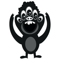 cute black monster with five eyes and open mouth with teeth that wants to scare, doodle style