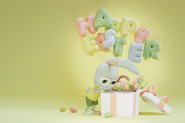 Obraz premium Cute bunny looking in easter gift box. 3D render