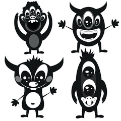 Fototapeta premium a selection of cute black monsters with different numbers of eyes and cute faces, doodle style