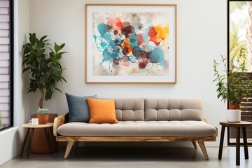 Mid-century interior design of modern living room with art poster frame on white wall above gray bench