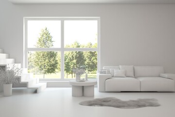 Grey living room concept with sofa and summer landscape in window. Scandinavian interior design. 3D illustration