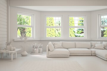 White living room with sofa and summer landscape in window. Scandinavian interior design. 3D illustration