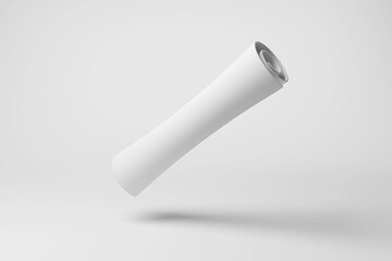 White closed paper scroll floating in mid air on white background in monochrome and minimalism. Illustration as design element