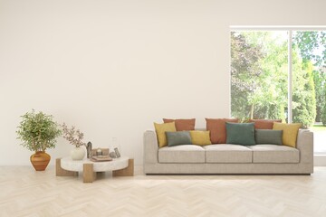 Bright interior design with modern furniture and summer landscape in window. 3D illustration