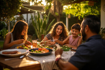 Happy Hispanic family enjoying a barbecue in their backyard on a sunny day. Family bonding and outdoor fun with delicious food and warm smiles