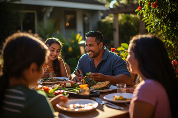 Happy Hispanic family enjoying a barbecue in their backyard on a sunny day. Family bonding and outdoor fun with delicious food and warm smiles