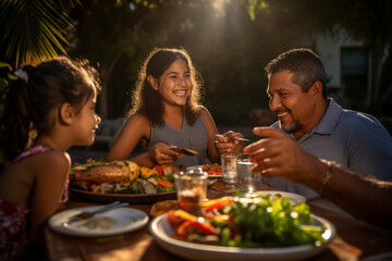 Happy Hispanic family enjoying a barbecue in their backyard on a sunny day. Family bonding and outdoor fun with delicious food and warm smiles