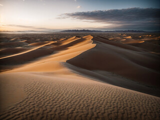 A desert landscape with dunes at sunset.