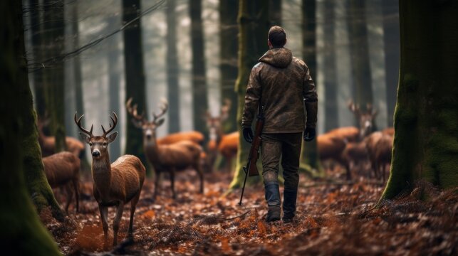 A hunter in a forest with a gun and a herd of deer