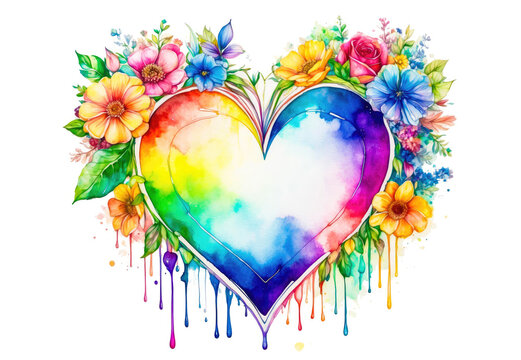 watercolor rainbow heart Happy Valentine's day. 14 february Abstract painting background. Watercolor heart shape.