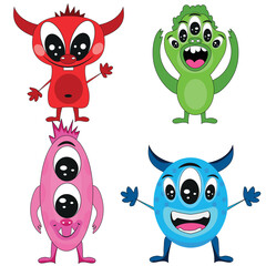 a selection of cute green, red, blue and pink monsters with different numbers of eyes and cute faces, doodle style