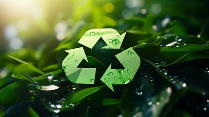 Green Recycling Sign on Dewy Leaves