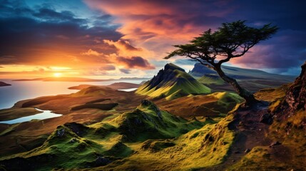 Beautiful fantasy landscape with a tree in the foreground and a mountain in the background