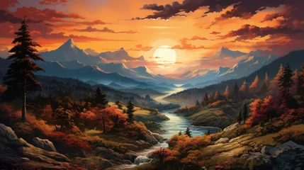 Poster Im Rahmen Beautiful mountain landscape with river and forest at sunset © Ali