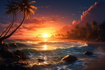 Beautiful sunset on the beach with palm trees