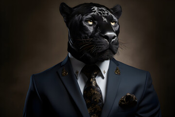 Black panther dressed in an elegant and modern suit with a nice tie. Fashion portrait of an anthropomorphic animal, shooted in a charismatic human attitude - obrazy, fototapety, plakaty