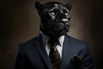 Foto op Plexiglas Black panther dressed in an elegant and modern suit with a nice tie. Fashion portrait of an anthropomorphic animal, shooted in a charismatic human attitude © Carlos Montes