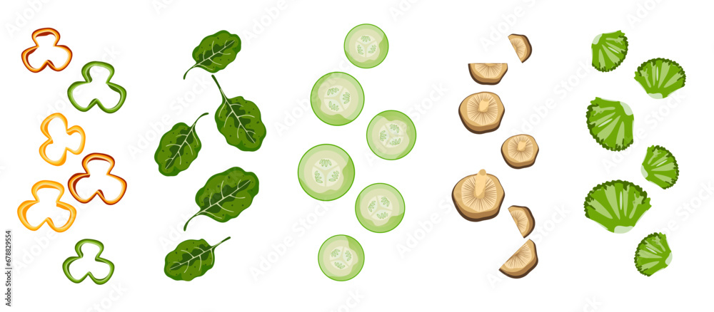 Wall mural vector illustration of flying or falling vegetables. green leafy vegetables, cucumbers, bell peppers