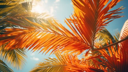 Coconut palm tree leaves with sunlight on blue sky background - Vintage Filter