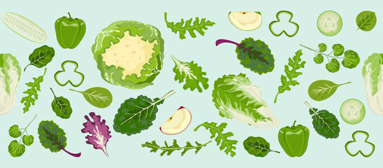 Vector line art seamless salad Fruit and vegetable salad, healthy food Vegetarian food, vitamins and minerals. For textiles, banners, wallpaper, and wrapping vector design.