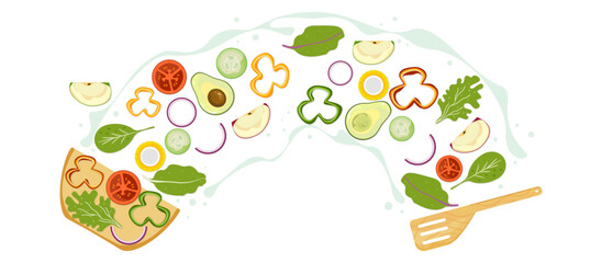 Healthy food fruit salad vector illustration floating in the air into a wooden bowl Vegetarian food, vitamins, and minerals for illustration isolated on a light background, easy to edit.