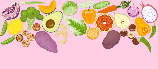 Vector illustration of superfood Fresh vegetable leaves and organic fruits mixed salad background healthy food For light background posters.