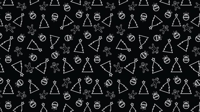 4k animated motion black and white pattern for Christmas or New Year Backgrounds Christmas tree Christmas balls and cookies outline texture on black background. Wallpaper banner or card template.