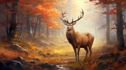 Digital painting of a red deer stag in the autumn forest. Fall season