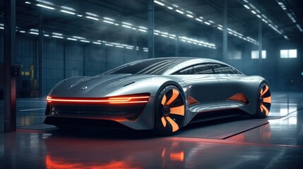 Brand-less generic concept car in a garage - obrazy, fototapety, plakaty