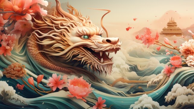 Chinese dragon statue in the sea with flowers and pagoda background
