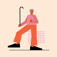 cartoon happy elderly man dancing with a walking stick, minimalist vector flat character design