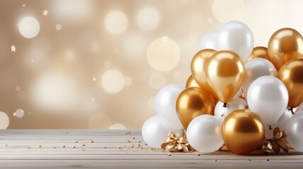 Fototapeta na wymiar Holiday background with gold and white balloons