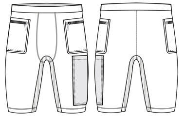 Naklejka premium Men's cycling shorts compression cargo tights shorts design front and back view flat sketch fashion illustration drawing, Tights short with cargo pockets sketch cad drawing