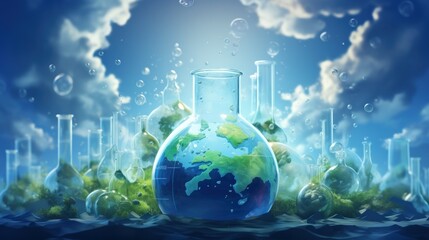 Laboratory glassware with planet earth in water