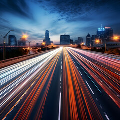 Light trails streaking through a sleek, modern metropolis, surrounded by towering skyscrapers and bathed in the glow of neon futuristic technology. A backdrop suggesting the future of virtual reality,