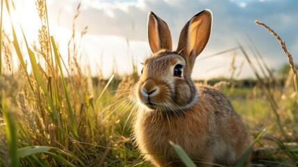 Fototapeta premium Cute rabbit in the meadow at sunset, close-up
