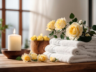 Obraz na płótnie Canvas White towels with yellow roses on a spa table.