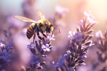 Honey bee on lavender in soft sunlight. Nature's pollinators. Summer serenity and beauty. Design for educational content, poster, or banner - obrazy, fototapety, plakaty